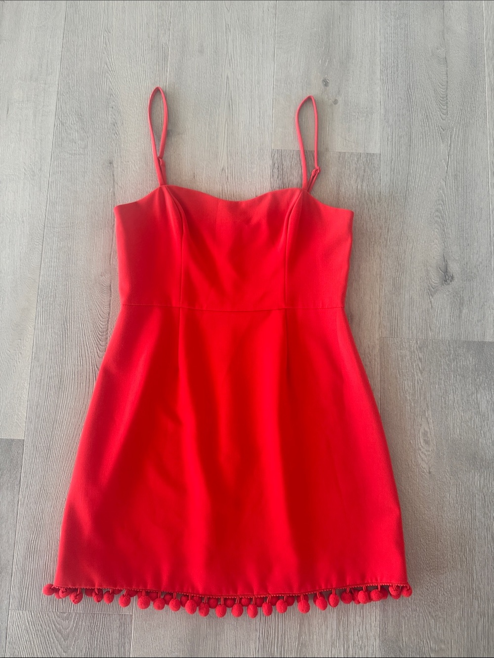 French Connection Red Spaghetti‑Strap Mini Dress with Pom Hem